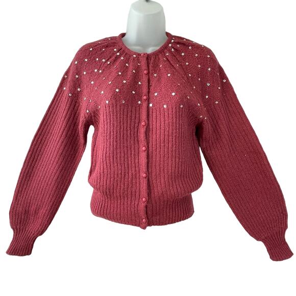 VINTAGE 80s Maggie by Jana Sequined Raglan Sleeve Cardigan Sweater Size S - Picture 1 of 6